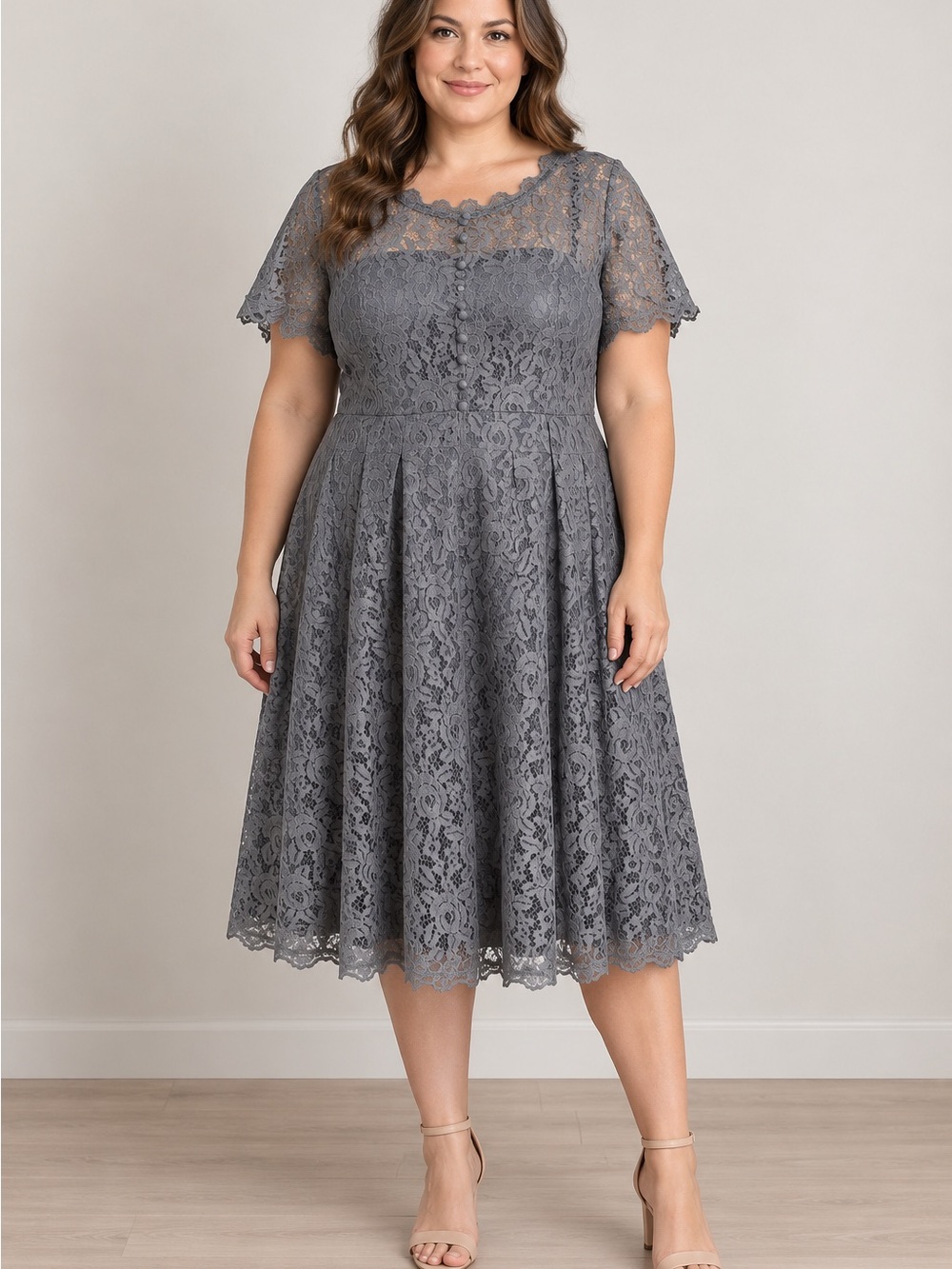 GIGILEER Women’s XXL Blue Gray Floral Lace Fit & Flare Midi Dress Wedding Guest